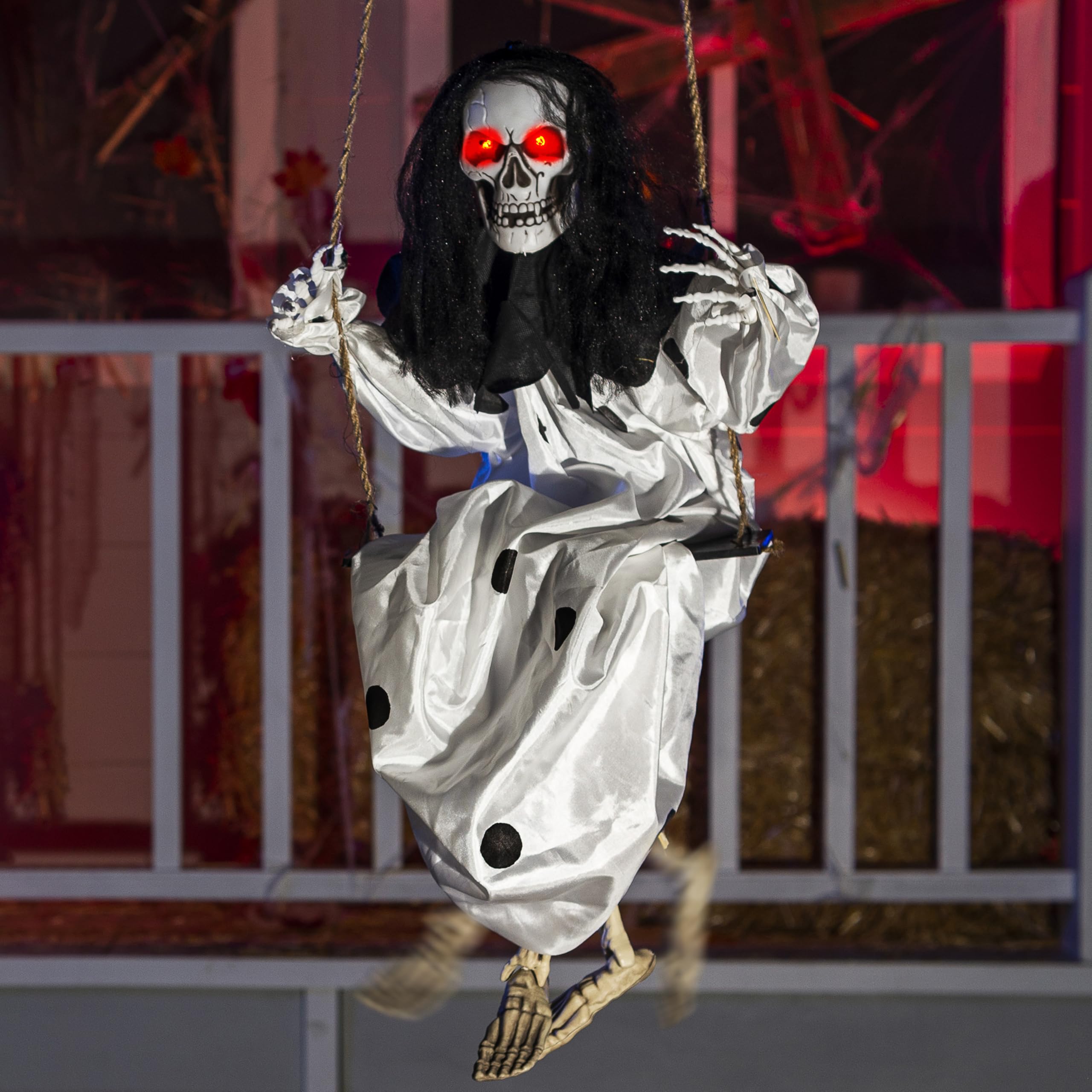 Photo 1 of JOYIN 31" Halloween Animatronics Decorations Scary Swinging Clown, Outdoor Hanging Skeleton with Light-up Eyes and Kicking Legs, Sound Activated Ghost Decor for Haunted House, Lawn, Yard, Patio
