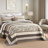 FineStichery Lightweight King Bedspreads 120x120, 100% Cotton Oversized Quilt, Striped Botanical Pattern Coverlet, Reversible Farmhouse Quilted Bedding Set 3 Piece, Brown/Beige