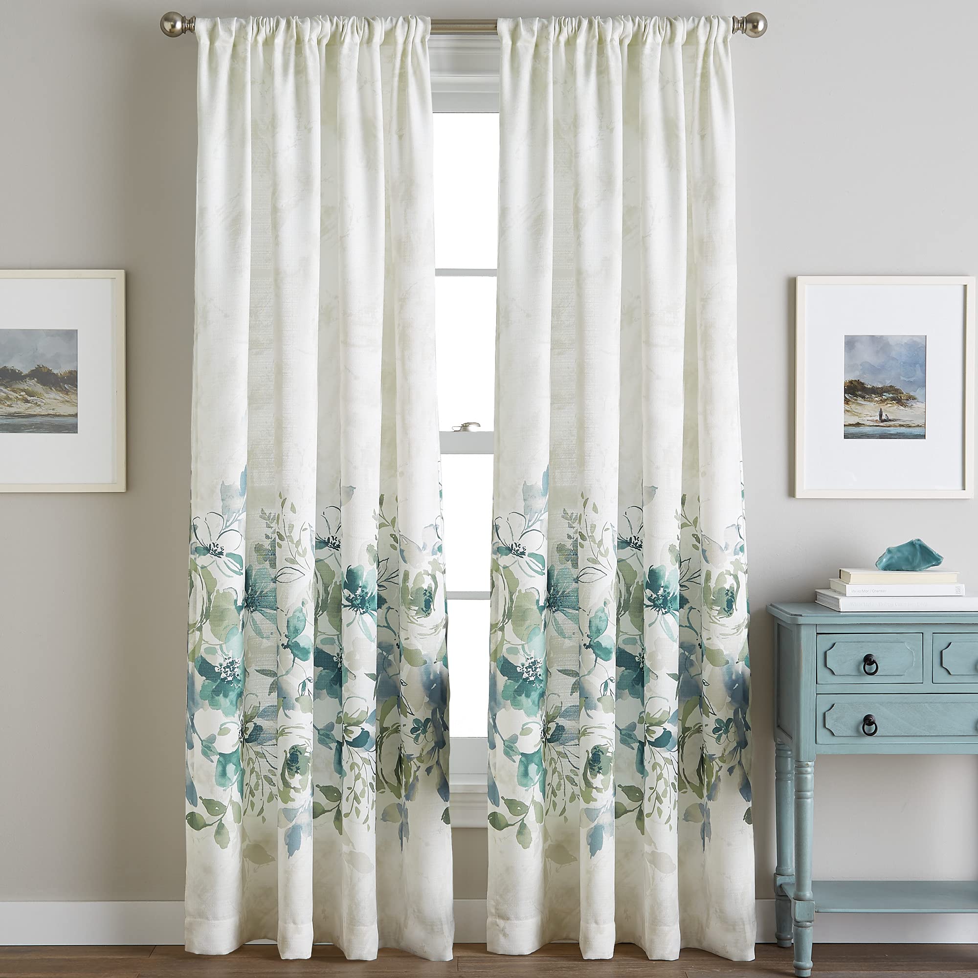 CHF Watercolor Floral Flip Over Rod Pocket Single Curtain Panel, 63 in, Aqua