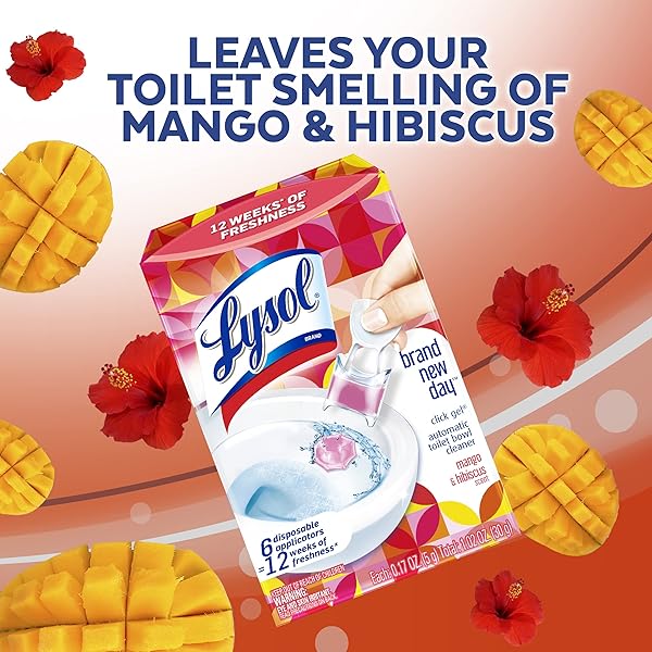 LYSOL CLICK GEL AUTOMATIC TOILET BOWL CLEANER, TOILET GEL STAMP, TOILET FRESHENER, BATHROOM ESSENTIALS, REFRESHING MANGO & HIBISCUS SCENT, 6 COUNT (PACK OF 1)