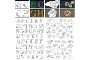 Lanpul 2 Sheets A4 Stick and Stitch Embroidery Patterns, Water Soluble Stabilizer Sheets with Pre-Printed Floral Alphabet, Ha