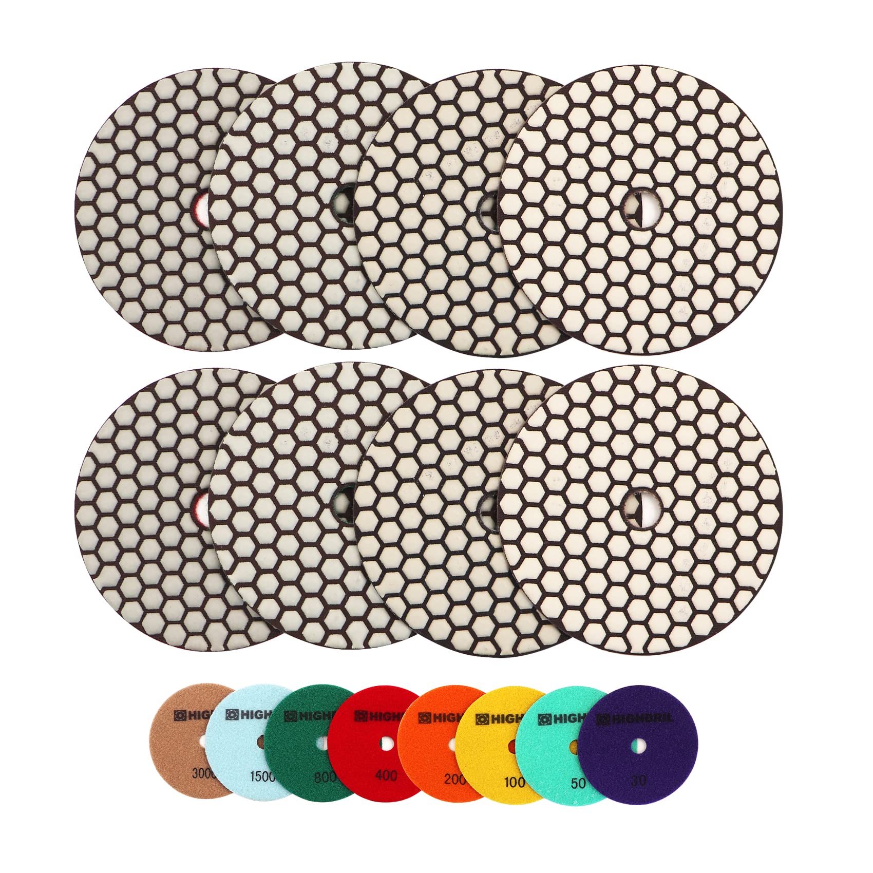 HIGHDRIL Dry Diamond Polishing Pad - 8PCS (#30-3000) 125MM Sanding Pads for Granite Stone Marble Floor Grinder Polish Pad Kit for Drill, Grinder, Polisher