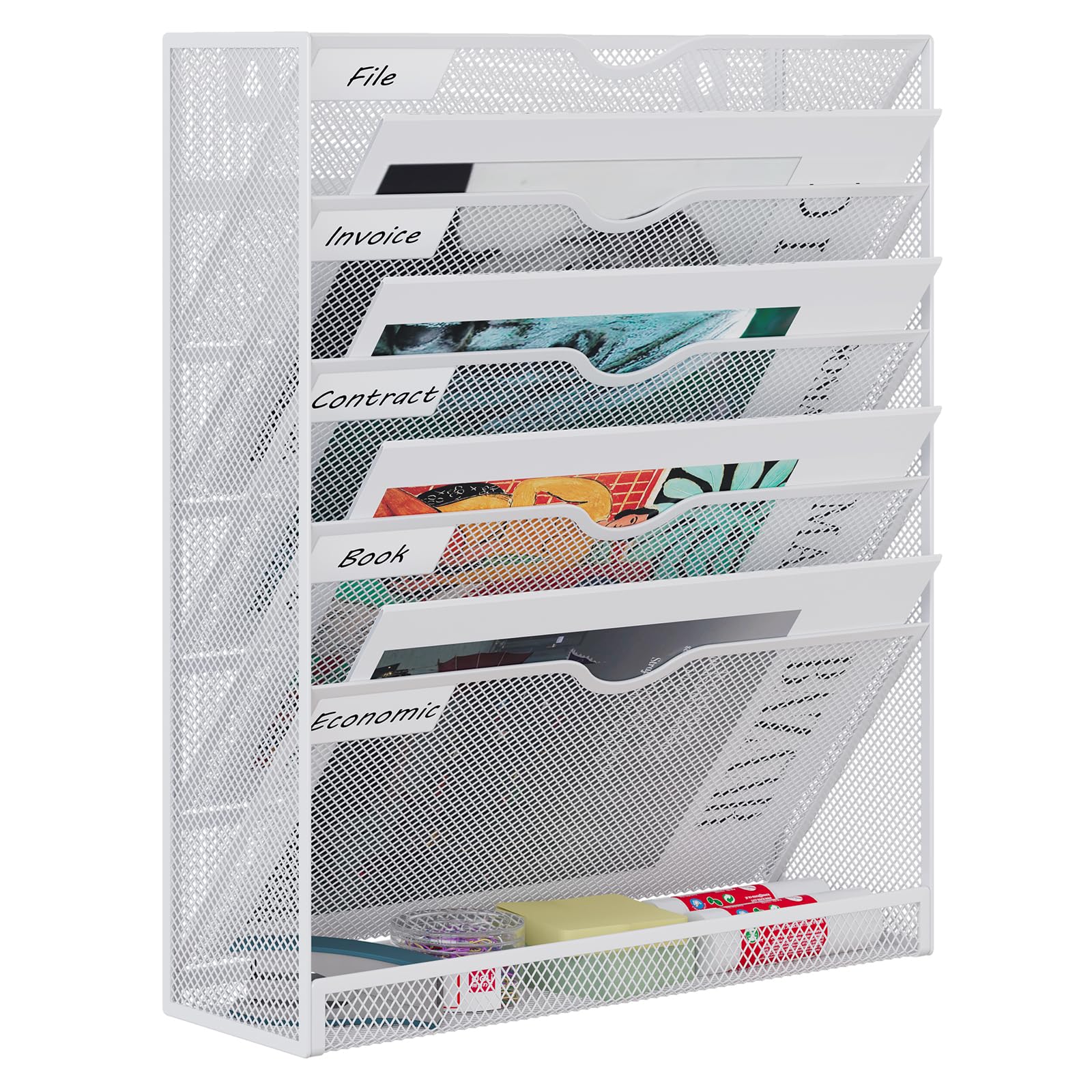 EasyPAG Metal 6 Tier A4 Wall Mounted Document Holder,Hanging Wall File Organiser,Pigeon Holes Storage,In Tray,Magazine Rack for Office & Home Upgrade,White