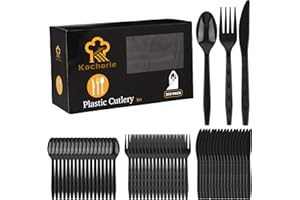 Kochorie 360 Pieces Black Plastic Cutlery Set Disposable Plastic Utensils Heavy Duty Flatware Set Includes 120 Knives 120 Forks 120 Spoons for Party Birthday