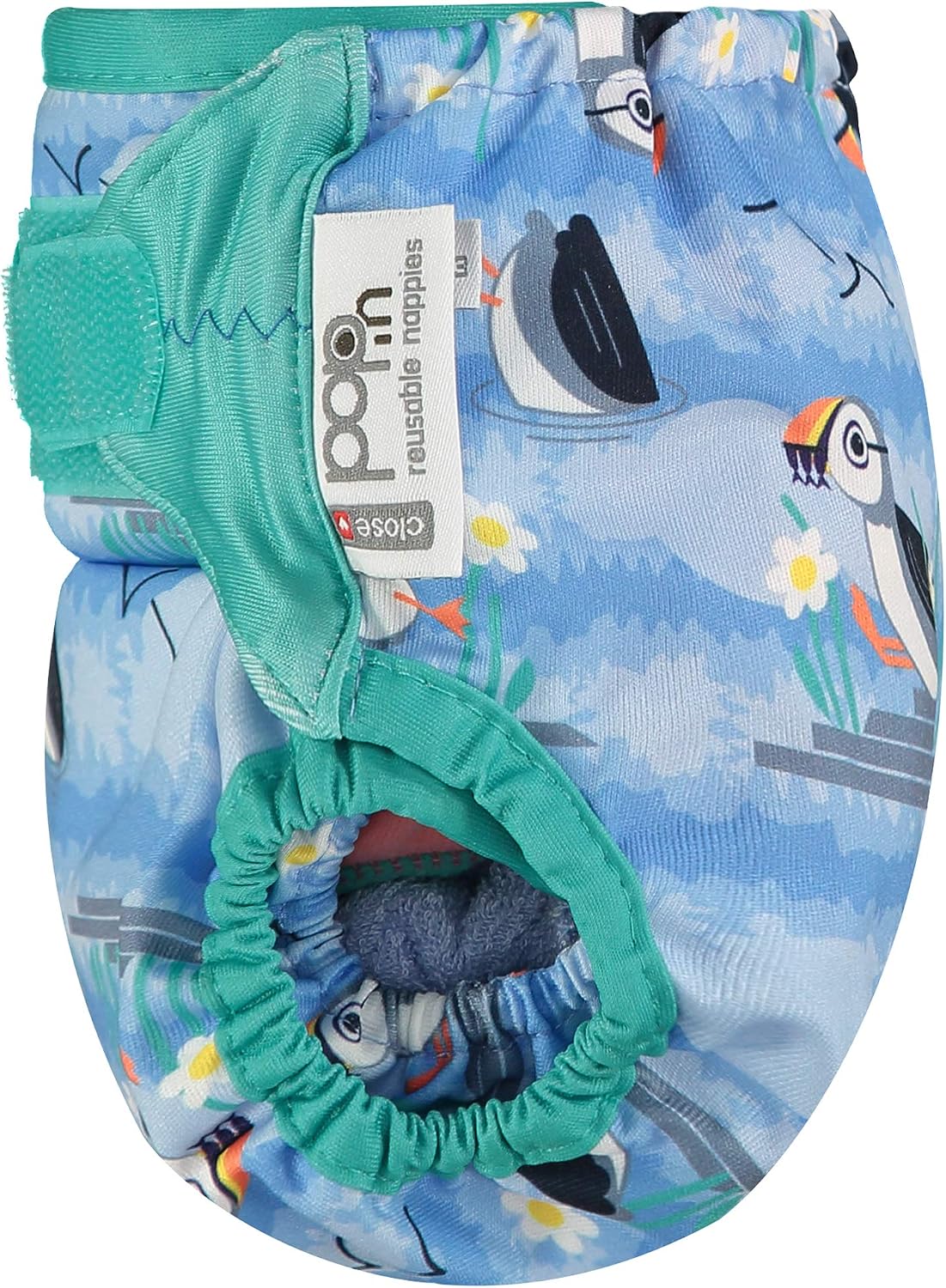 Close Pop-in Premium Bamboo Cloth Nappy with Aplix Fastener - Adjustable One Size Birth to Potty Elegant Print Design - Blue Puffin - Image 3