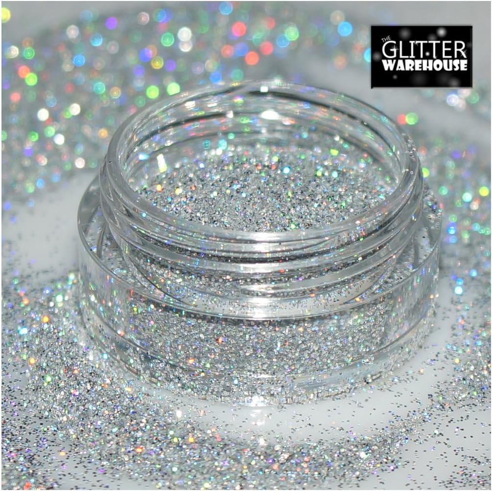 GlitterWarehouse Silver 10g Jar Fine (.008") Holographic Solvent Resistant Cosmetic Grade Glitter. Great for Makeup, Body Tattoo, Nail Art and More!
