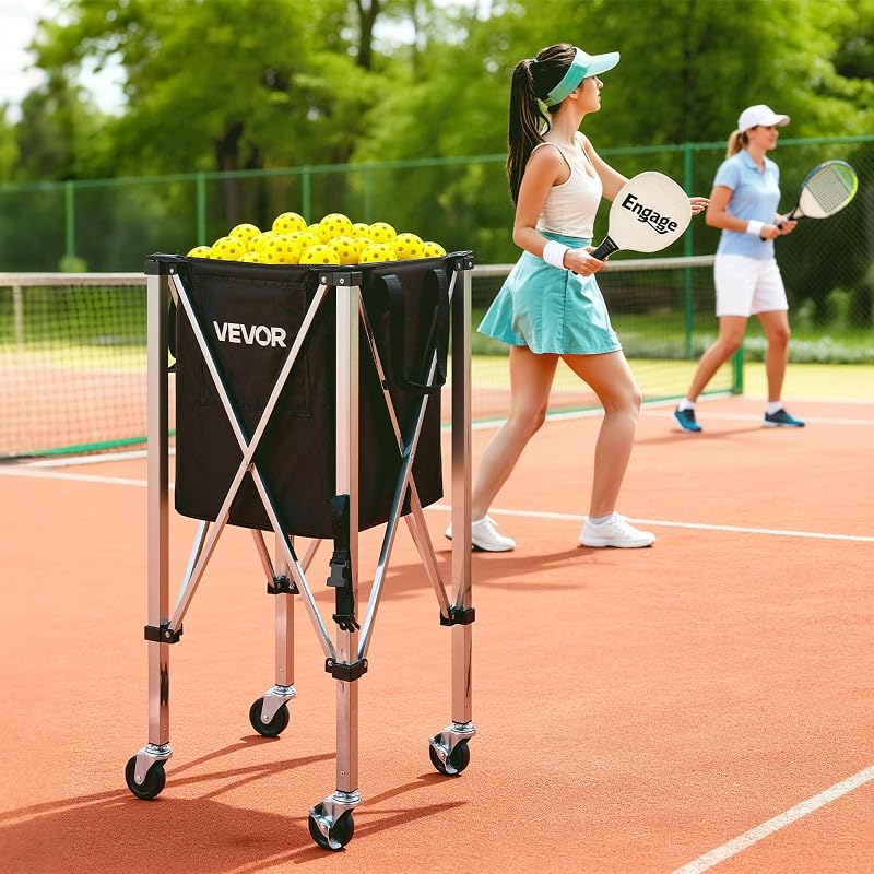 Panier à Balles de Tennis avec roulettes, Capacité de 200 Balles, Chariot Pliable Ramasse-Balles en Acier INOX, Panier Portable pour Entraînement de Tennis et Pickleball, avec Sac de Rangement