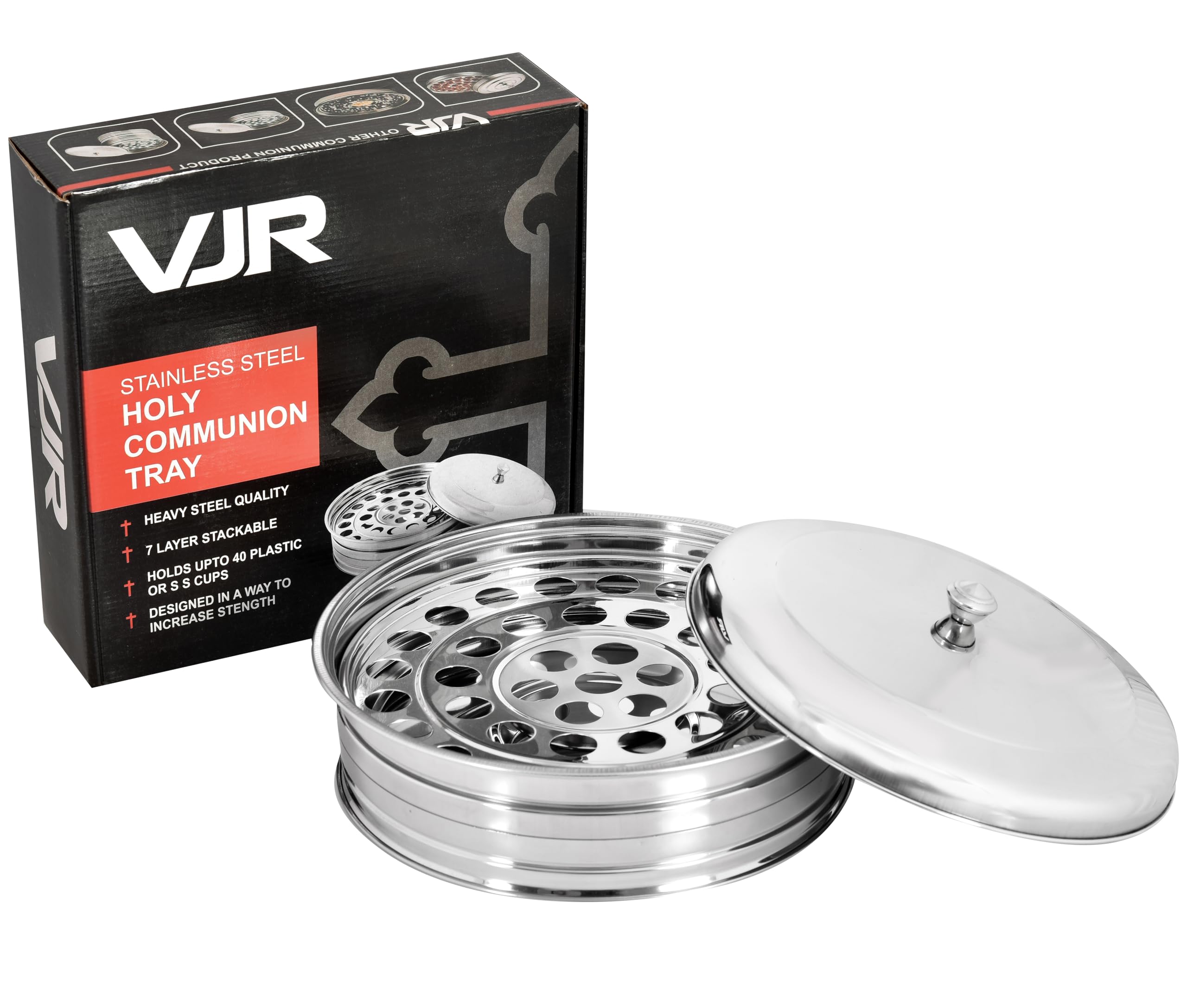 VJR Christian Communion Tray With Lid - Pack of 1 Silver Stainless Steel Communion Supplies Ware Set for Serving Cup Holding Service Equipment
