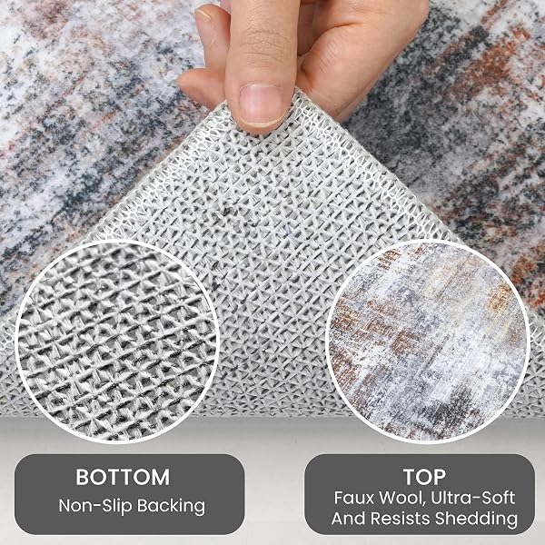 IOHOUZE ABSTRACT ROUND AREA RUG 8 FT WASHABLE CIRCLE RUGS LARGE ROUND RUG NON SLIP THIN SOFT CIRCLE RUGS, PRINTED FAUX WOOL FLOOR CARPET FOR BEDROOM LIVING ROOM DINING ROOM NURSERY, ORANGE GREY