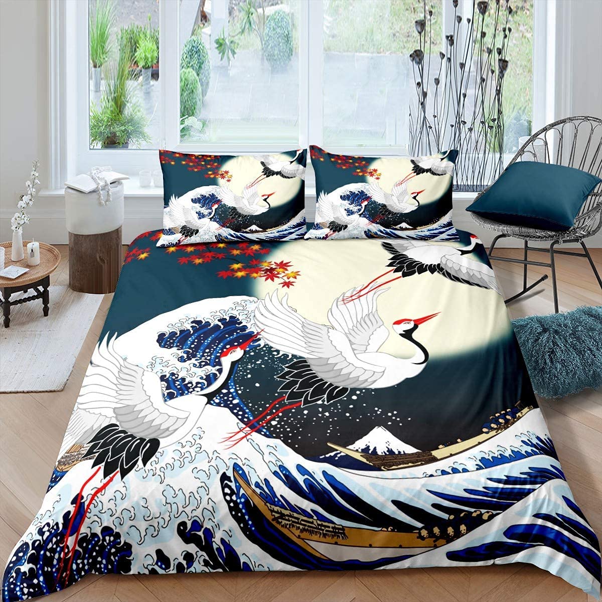 Homemissing Japanese Ukiyoe Duvet Cover Hokusai Japanese-Style Bedding Set For Kids Adults Exotic Style Wave Bird Bedspread Cover Ultra Soft King Bedclothes Zipper