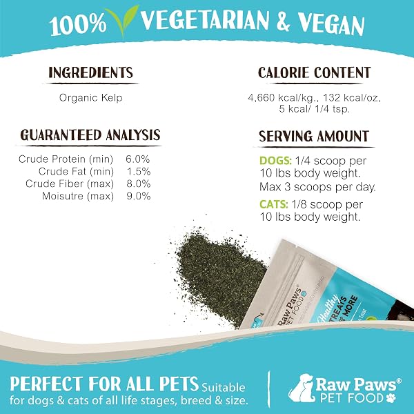 RAW PAWS ORGANIC KELP POWDER FOR DOGS & CATS (16-OUNCE) – SUPPORTS THYROID, DIGESTIVE & IMMUNE HEALTH – DRIED SEA KELP FOR DOGS – SEAWEED POWDER SUPPLEMENT