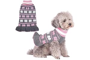 KYEESE Dog Sweater Warm Dog Clothes Fall Winter Dog Coats Cute Dog Sweater Dress with Classic Snowflake Pattern for Small Dogs Turtleneck Pullover Knit Dog Sweater with Leash Hole, Girl Grey, Medium