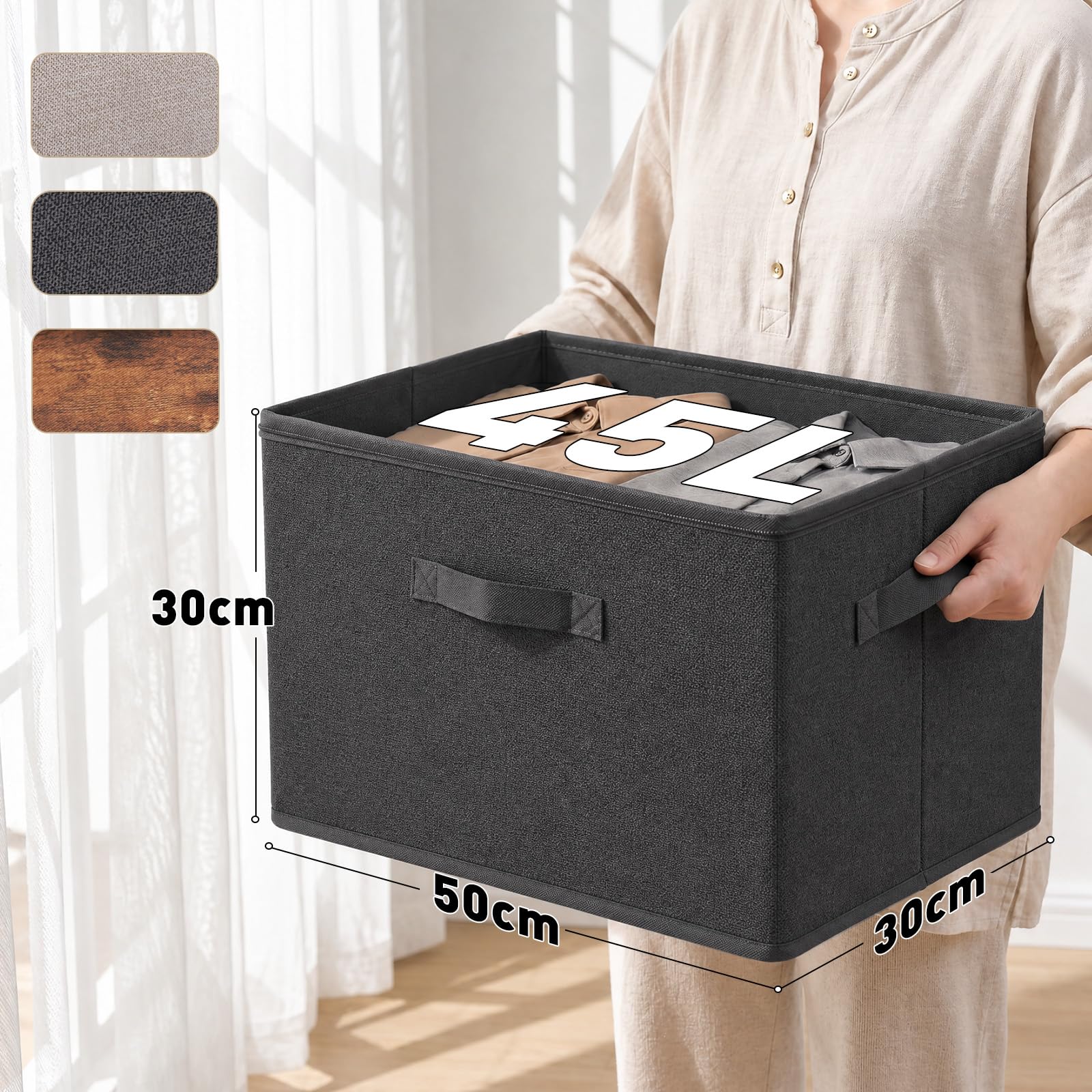 Sekey Aufbewahrungsbox mit Deckel, Faltbare Stoff Box mit Griffen, Aufbewahrungskiste & Organizer für Kleidung im Kleiderschrank & Spielzeug im Kinderzimmer - 3er Set, 50x30x30cm, Schiefergrau 3