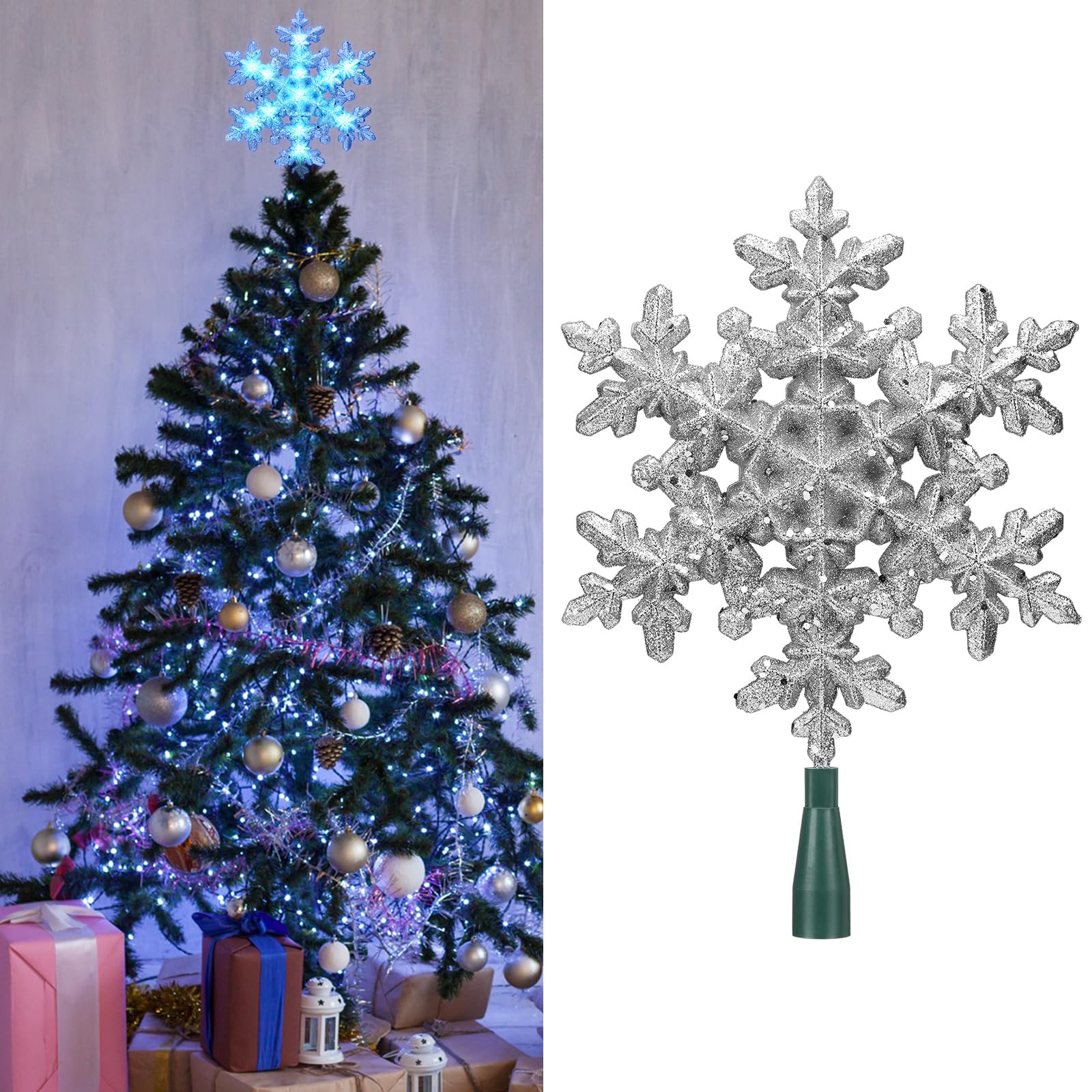 Photo 1 of Gejoy 8.25 x 12.75 Inch Lighted Snowflake Christmas Tree Topper Silver with 10 Blue LED Lights 120v Plug in Glitter Christmas Star Tree Topper for Indoor Home Office Xmas Decoration