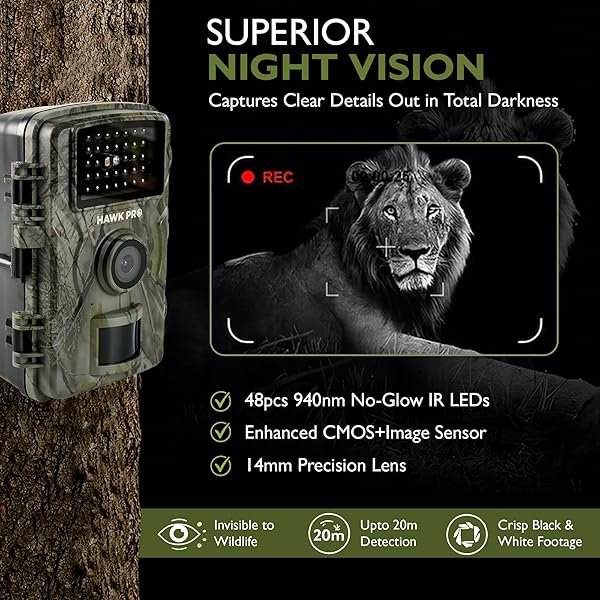 HAWKPRO DL-002 TRAIL CAMERA (NON-CELLULAR) – 60MP GAME CAMERA WITH NIGHT VISION MOTION ACTIVATED WATERPROOF IP-66, 0.3S TRIGGER TIME & 120° WIDE ANGLE – TRAIL CAM W/ 32GB CARD, USB CABLE & STRAP