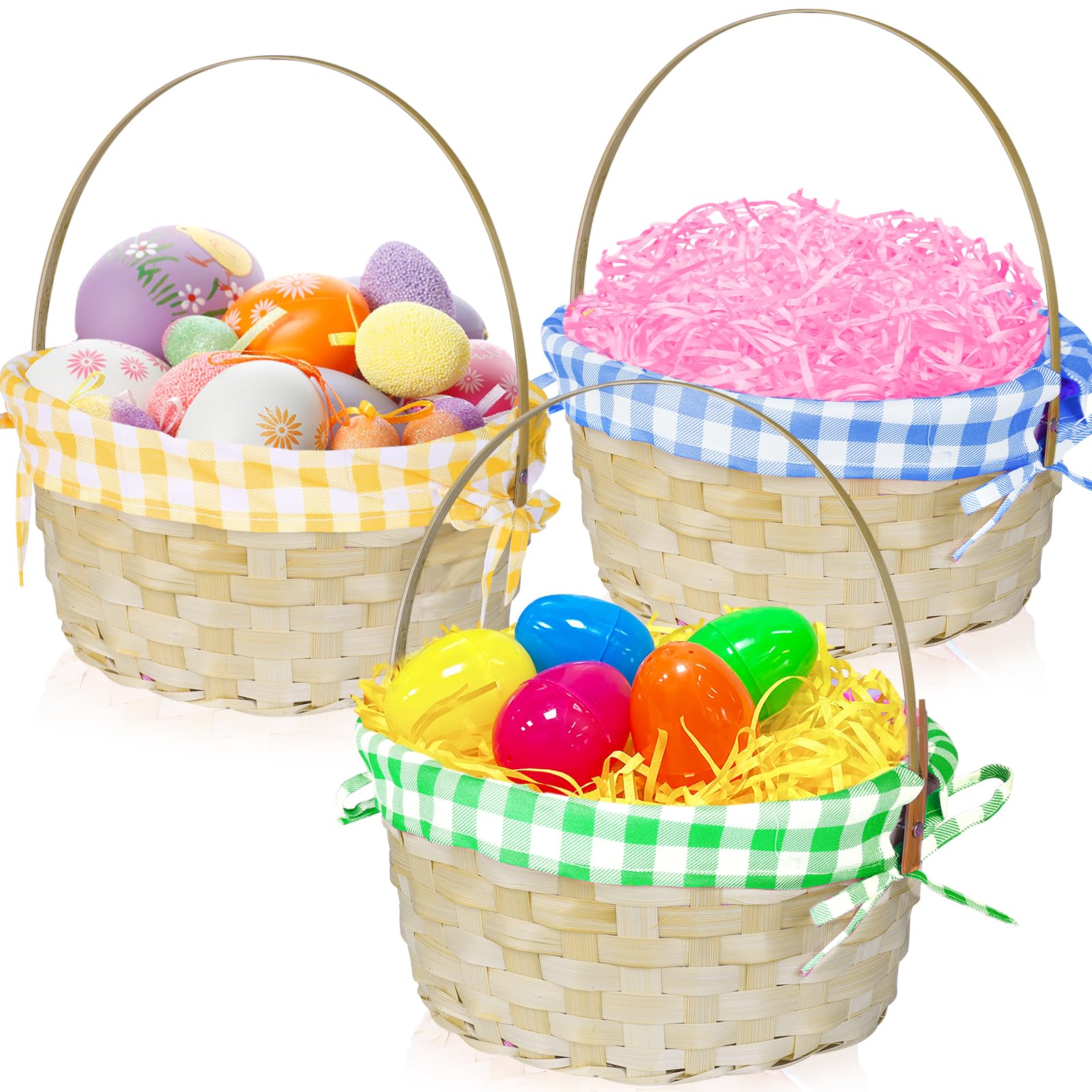 Photo 1 of 3 PCS Easter Bamboo Baskets with Plaid Lining and Handle Easter Bunny Gifts for Easter Egg Hunt, Kids Party Treats, Filling with Party Favors, Spring Party Favors, Outdoor Activity Prizes