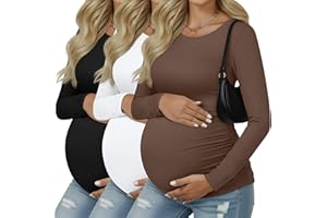 Ficerd 3 Pack Women's Maternity Shirts, Long Sleeve Side Ruched Pregnancy Tee Tops Crew Neck Casual Mama Clothes Basic Tunic