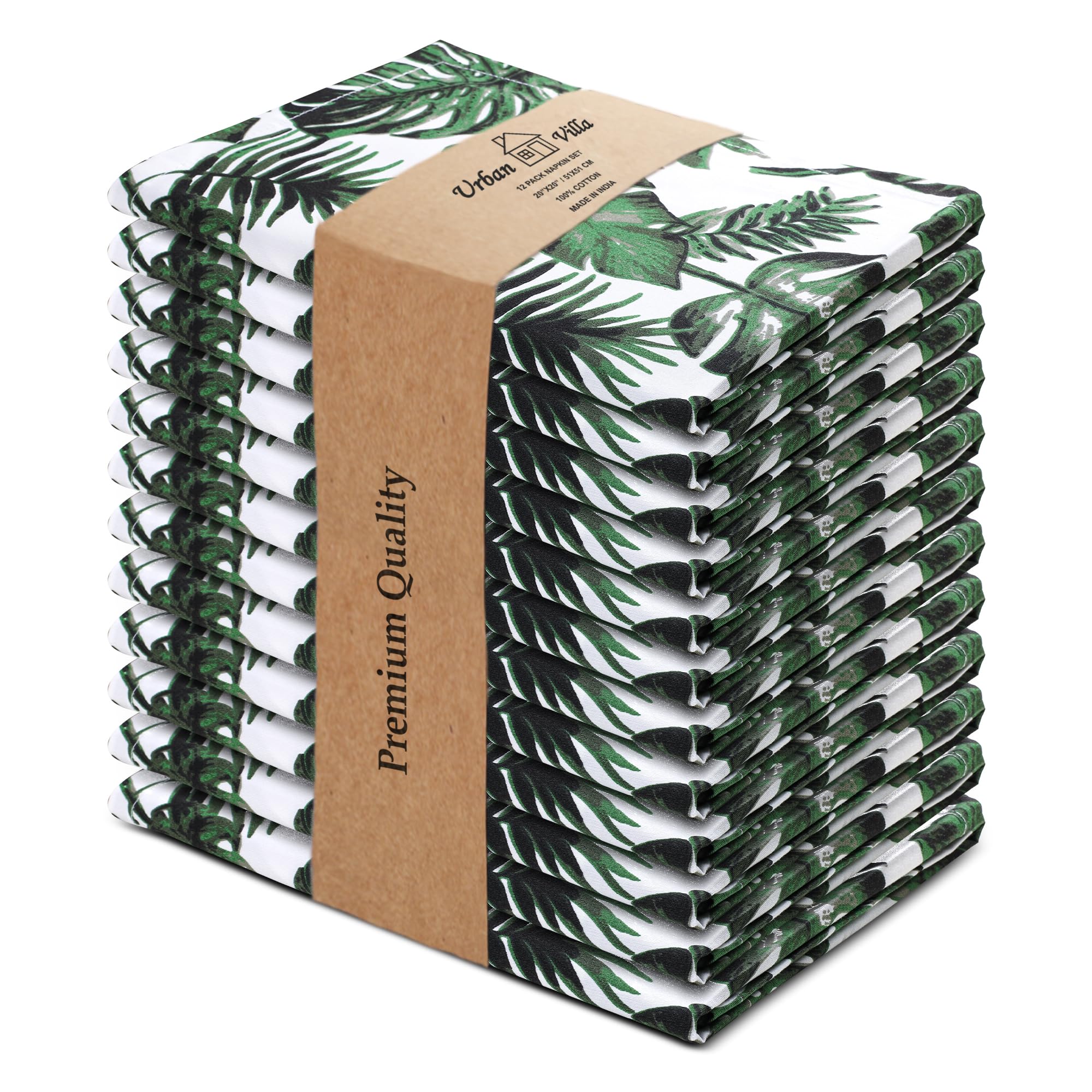 Urban Villa Set of 12 Dinner Cloth Napkins Tropical Print Hawai Leaf Print Premium Quality Summer Dinner Napkins Cotton Oversized 20X20 in with Mitered Corners Ultra Soft Quality