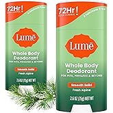 Lume Whole Body Deodorant - Smooth Solid Stick - 72 Hour Odor Control - Doctor Developed - Aluminum Free, Baking Soda Free and Skin Loving - 2.6 Ounce (Pack of 2) (Fresh Alpine)