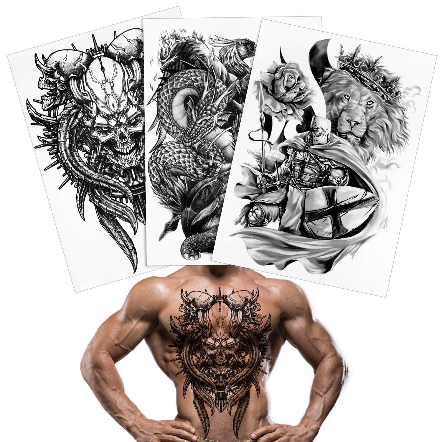 Qpout Full Back Temporary Tattoos For Men Women 3 Sheets, 18.8x13.3 inch Large Picture Fake Black Tattoos, Tribal Totem Waterproof Temporary Tattoos Realistic Body Art Decoration Tattoos Stickers