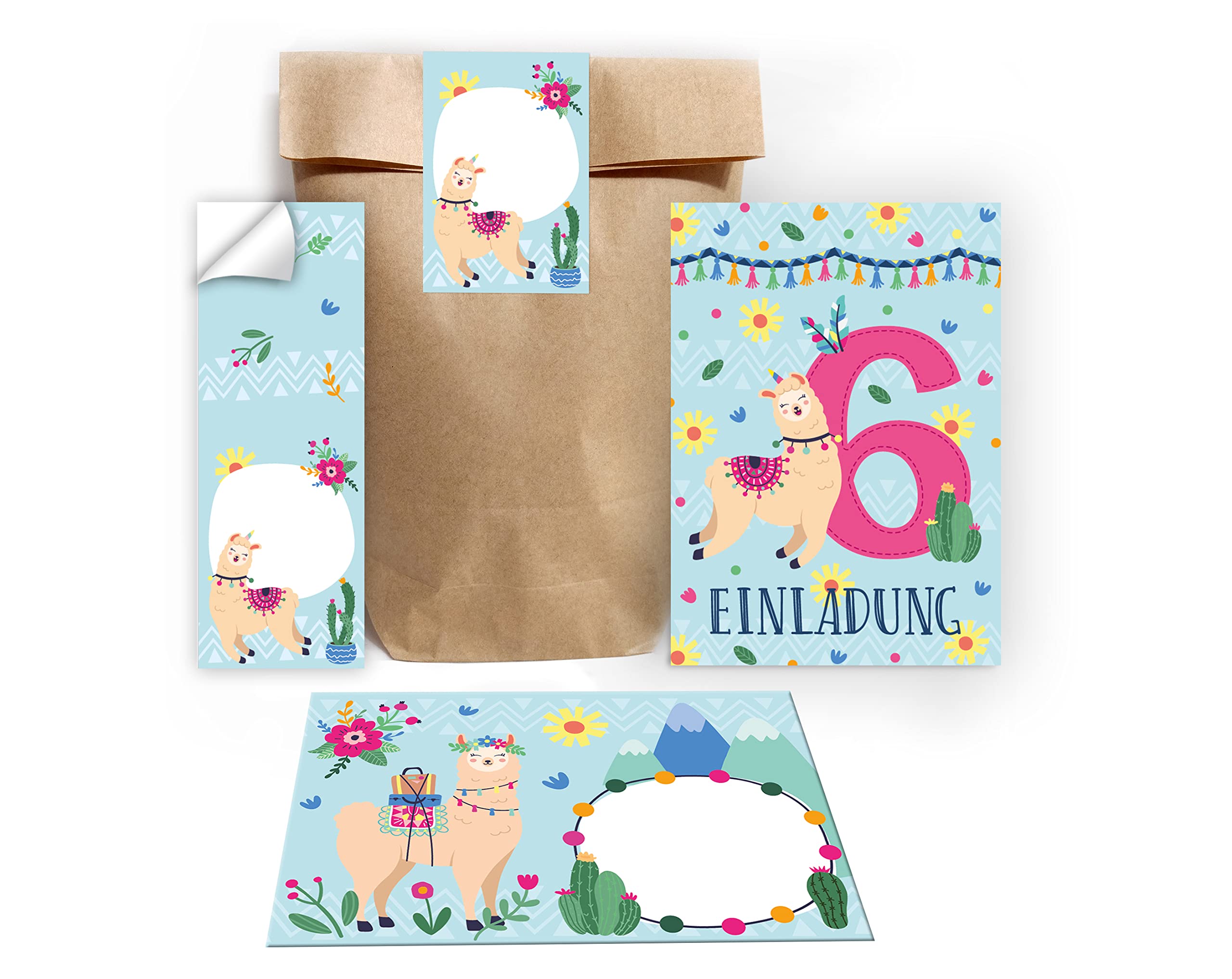 Junapack 12 Invitation Cards for 6th Birthday Party Invitations for Girls Llama with 12 Envelopes, 12 Bags / Natural / 12 Stickers