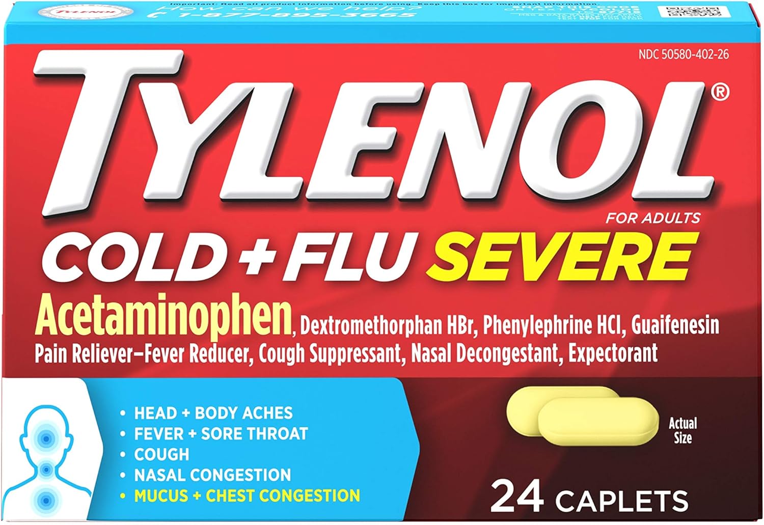 Tylenol Cold + Flu Severe Medicine Caplets for Fever, Pain, Cough & Congestion, 24 ct.: Health & Personal Care