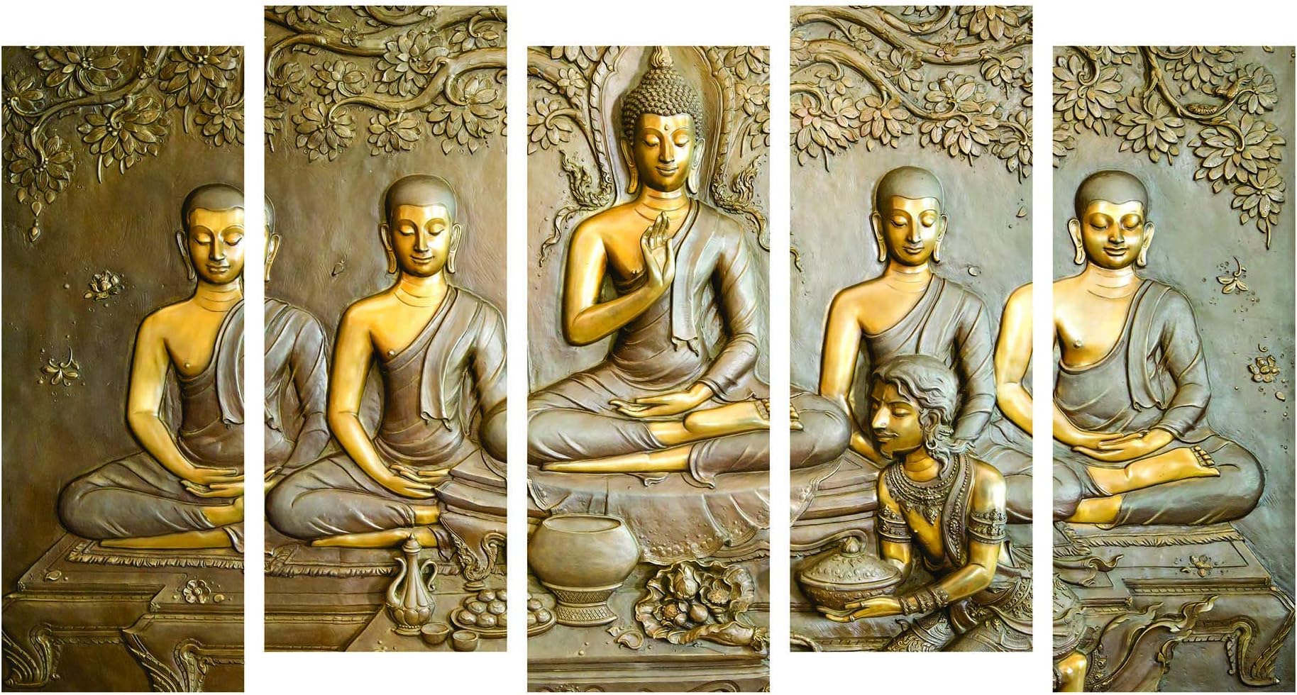 HighOnDesign Photo Frames for Wall Decoration Lord Buddha Picture Split Panels Art Decor Set of Paintings in Living Room Bedroom Hotel Office, Sun-Board, Size 27 x 50 inches, 5 Frame