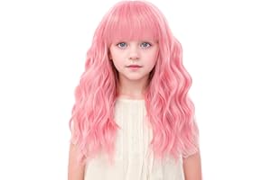 BUPPLER Kids Pink Wig with Bangs 14 Inch Halloween Cosplay Wigs for Kids Girls Wavy Hair Synthetic Wig with Upgraded Strands,Shoulder Length Wig for Costume Parties (14 Inch,Pink)
