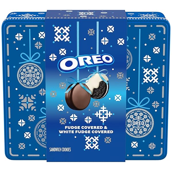 OREO FUDGE AND WHITE FUDGE COVERED CHOCOLATE SANDWICH COOKIES, HOLIDAY COOKIES, 1.02 LB TIN