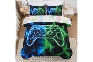 Meeting Story 5-Piece Boys Bedding Set Queen Size Green and Blue Game Console Kids Bed in A Bag Soft Lightweight Video Gamepad Bedroom Set(Bluegreen)