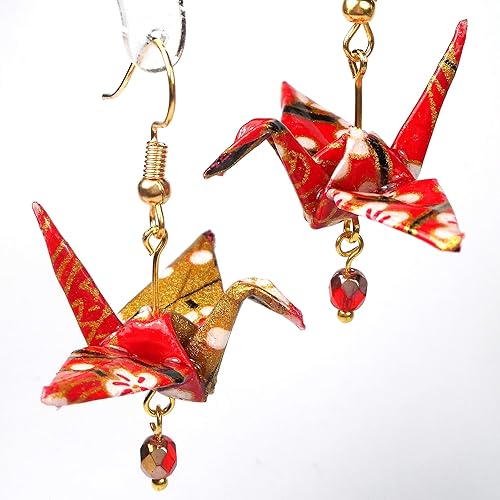 Pair Of Origami Good Luck Paper Crane Earrings Red White Gold Color Birthday 1st Anniversary Gift