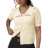 Watashi Womens Short Sleeve Cardigan Casual Button Down Ruffle Collared Lightweight Knittwear Summer Sweater Top