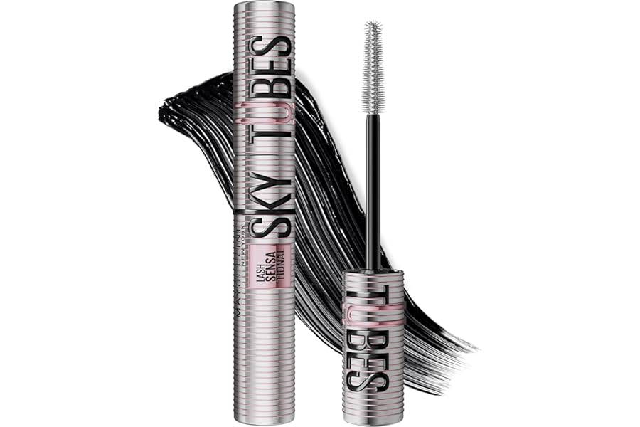 Maybelline Lash Sensational Sky Tubes Tubing Mascara, Extension-Like Lengthening Mascara, 24HR Eye Makeup with Shea Butter & Castor Oil, Very Black, 1 Count