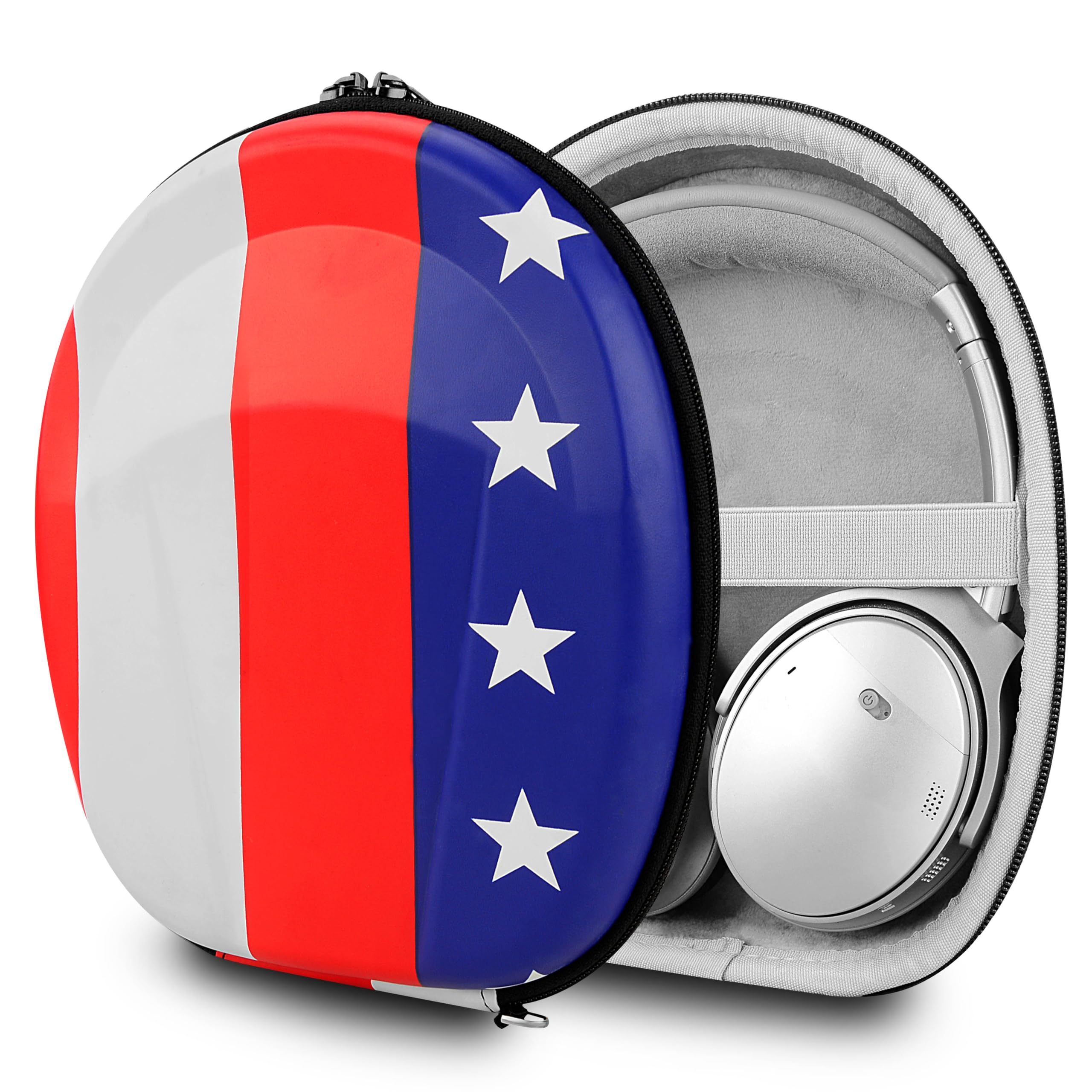 Geekria Shield Case Compatible with Bose QuietComfort Ultra II, QC Ultra/45/35/25/15/SE, Replacement Protective Hard Shell Travel Carrying Bag with Cable Storage (US Flag)