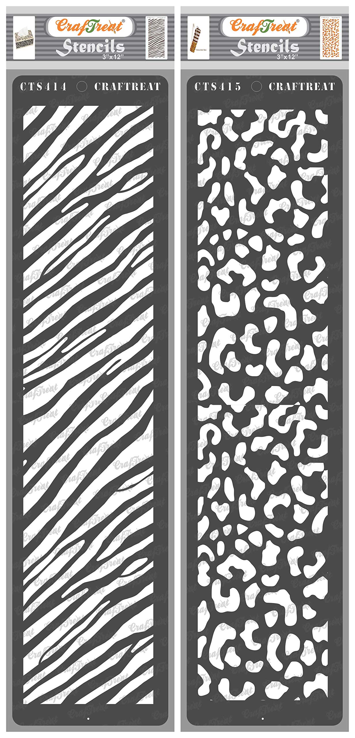 CrafTreat Animal Skin Stencils for Crafts Reusable Vintage - Zebra Skin and Cheetah Skin (2Pcs) - Size: 3X12 Inches - Cheetah Print Stencil for Furniture Painting - Border Stencils for Painting