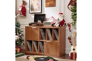 LEYAOYAO Large Record Player Stand with Vinyl Storage Up to 450 Albums, Wood Fluted Boho Record Storage Accent Cabinet, Modern Stereo Media Cabinets, Wide Turntable Stand for Living Room, Tea Brown