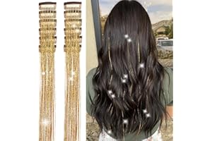 MISSUHUI Clip in Hair Tinsel 12 Pcs Hair Tinsel Clip in Glitter Tinsel Hair Extensions 23.6Inch Fairy Hair Tinsel Kit Clips in Sparkling Party Festival Hair Accessories for Girls Women Kids (Gold)