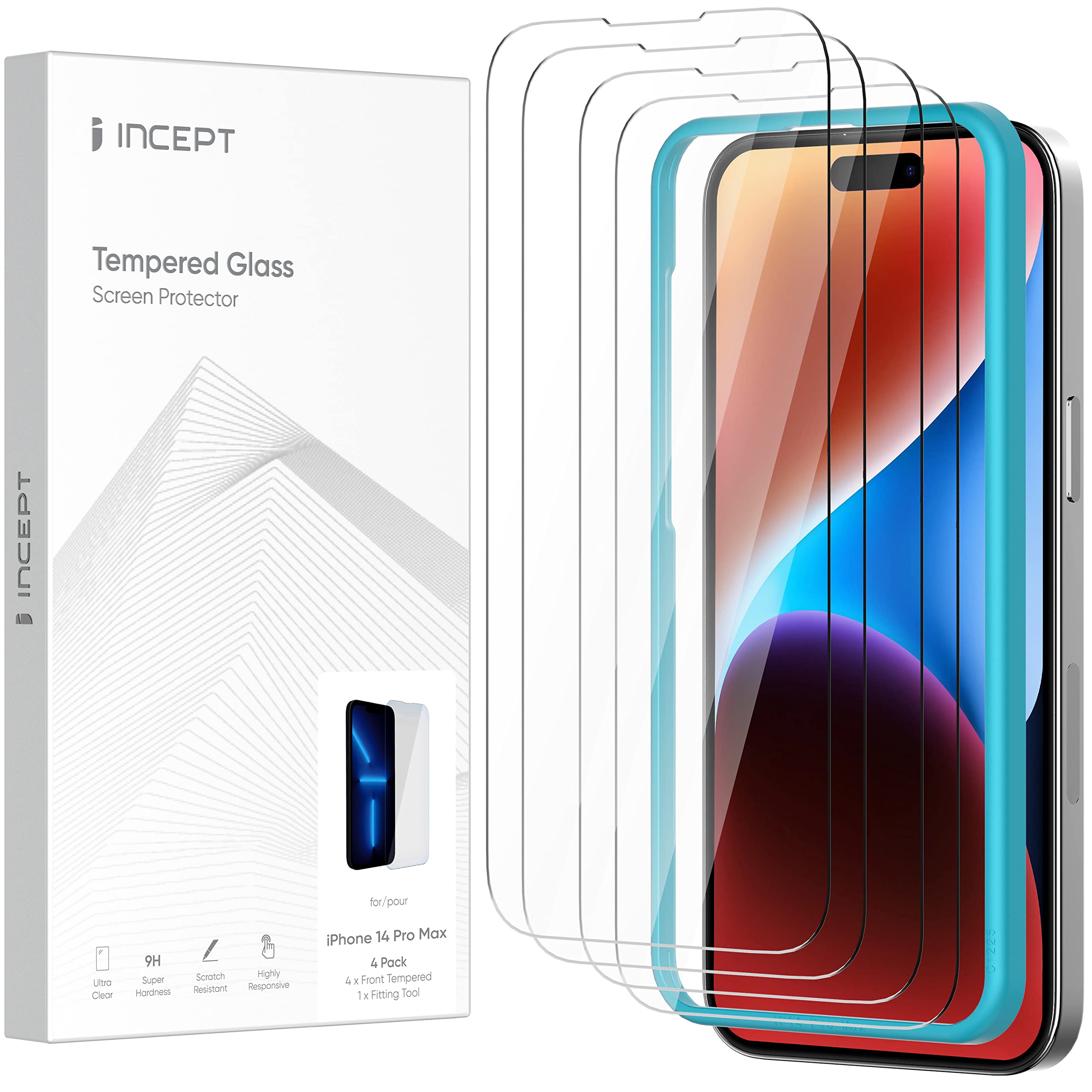 Incept 4 Pack Screen Protector for iPhone 14 Pro Max 6.7 Inch Full Coverage [Certified by SGS] Tempered Glass Film, HD+ Clear, 9H+ Protection with Easy Installation Tool