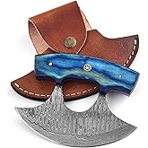 MOHID ENT Damascus ulu knife with leather sheath, 6" Best pizza cutter with wooden handle for stable grip, Alaska Ulu knife perfect for slicing, mincing, and chopping (6064)