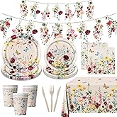 24 Set Wild Flower Birthday Party Decorations-Vintage Wildflower Paper Plates and Napkins Party Supplies,Baby in Bloom Watercolor Floral Tableware for Bridal Shower,and Mothers Day Tea Parties