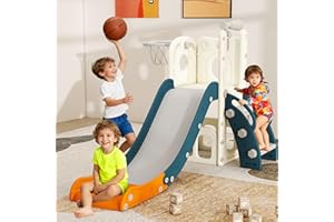 DOREROOM 6 in 1 Toddler Slide, Kids Slider for 1-3, Indoor Outdoor Playset Playground with Basketball Hoop, Storage, Climber and Telescope, Great Gift for Baby & Child, Green and Yellow