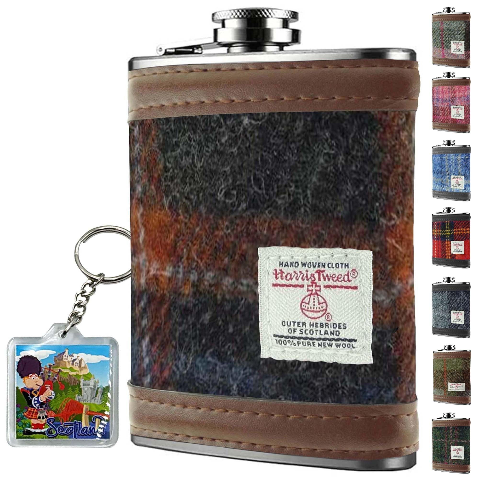 6oz Harris Tweed Hip Flask – Stainless Steel Tartan Liquor Hip flasks for Men - Leak Proof - Pocket Friendly - Gift Box Christmas - Liquor, Whisky, Rum (Grey with Rust Overcheck)