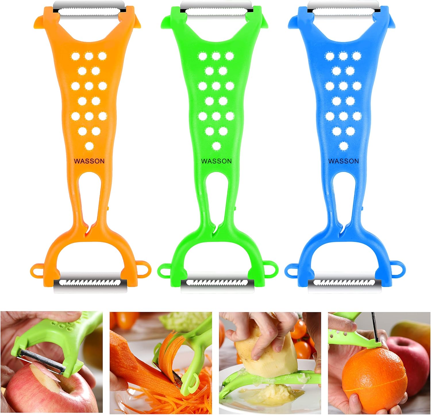 Wasson CLAS Vegetable Dual Y Fruit Apple Potato Orange Carrot Veggie Julienne Slicer Sharp Stainless Steel Serrated Blade Peeler Classic Zester Tool 3 Sets Green O