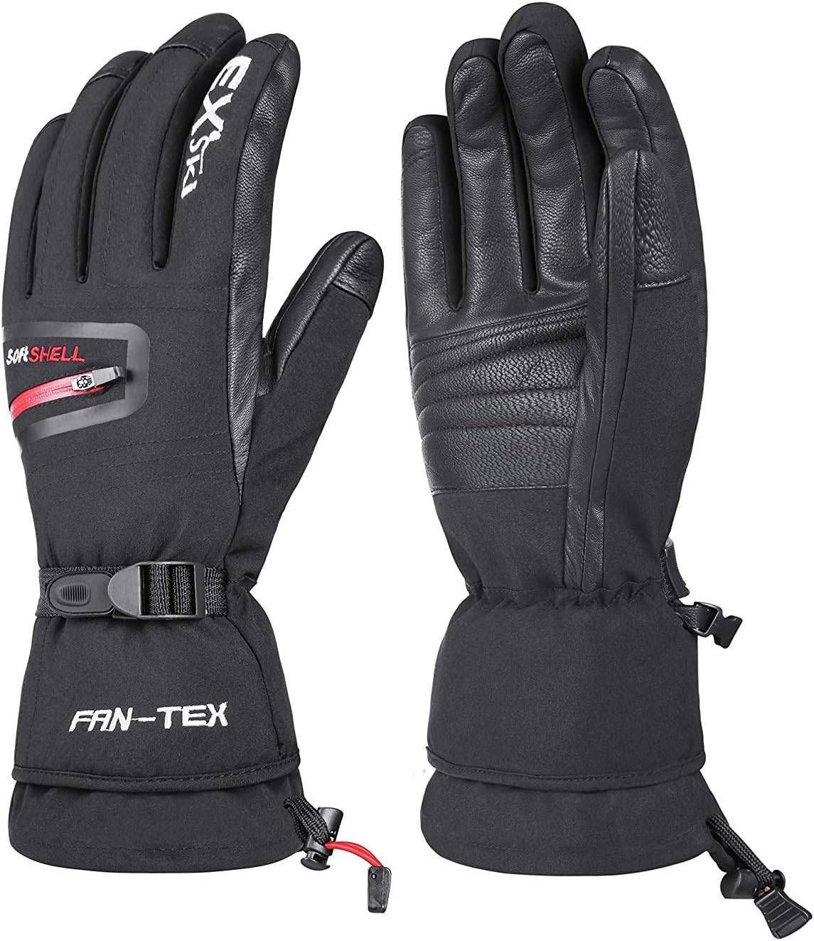 Mens Ski Gloves Waterproof Winter Snowboard Leather Gloves Thermal Thinsulate Gauntlet Zipper Pocket