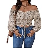 Floerns Women's Plus Size Boho Floral Off The Shoulder Lantern Sleeve Ruched Drawstring Cropped Blouse