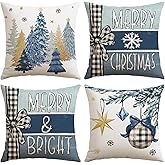Artscope Christmas Throw Pillow Covers 20x20 Inch Set of 4, Merry Christmas Bright Xmas Tree Ball Winter Decoration Pillow Cases for Home Sofa Couch Decor-Blue