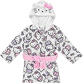 Hello Kitty Girls Fleece Kids Hooded Robe - Super Soft Plush Kids Spa Bathrobe with Pockets, Sizes 4-10 - Official Product