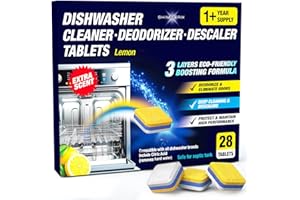 SHIMMERIX Dishwasher Cleaner Deodorizer Descaler Tablets - 28 Tabs - 1 Plus Year Supply - Extra Scented Deep Cleaning Sanitizer Pods - Remove Hard Water - Contain Citric Acid Heavy Duty Septic Safe - Lemon
