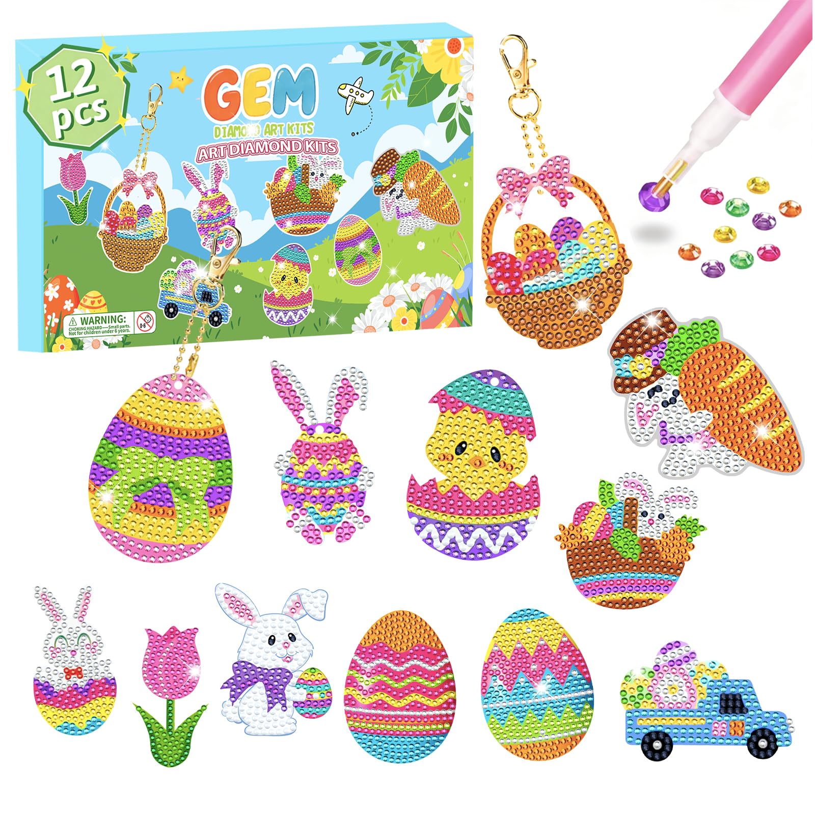 Easter Gifts for Kids, Diamond Art Kits, Girls Birthday Presents, Arts and Crafts for Kids, Gifts for 6 7 8 9 10 Year Old Girls, 12 Pcs Diamond Art Painting Kits, Easter Crafts for Kids