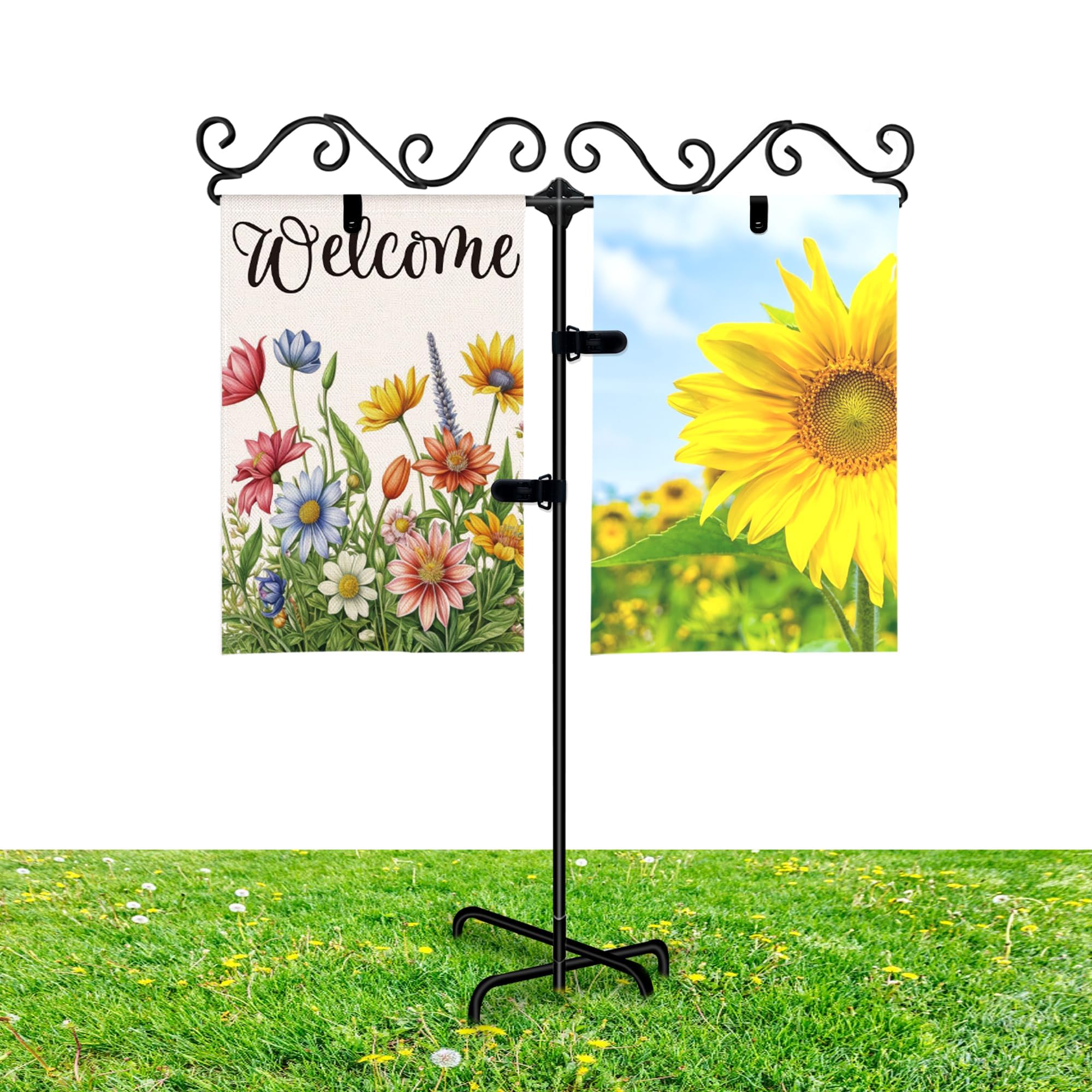 Photo 1 of 10 OF Nivoxleta Garden Flag Stand Holder with 5 Prong Base,Metal Yard Flag Stand for Small Garden Flags 12 x 18,Suitable for Outside or Garden Patio Yard Decor,Included Accessories